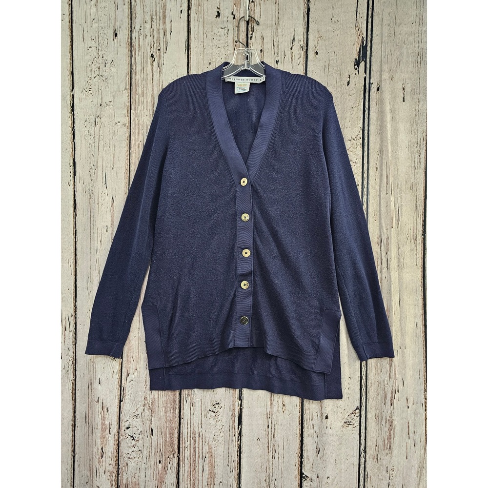 Gretchen Scott Cardigan Wmns M Navy Blue Cotton Grosgrain Trim V Neck Button Up